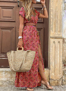 Vestido Longo Feminino com Cintura Ajustada e Estampa Boho