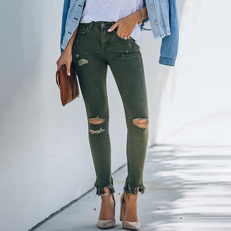 Novo jeans rasgado com design cru verde escuro feminino