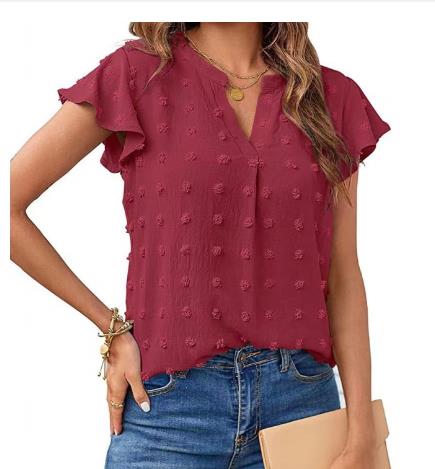 Blusa feminina verão com decote em V babado manga curta Dot Flowy Shirt Top - RC Urban WearBlusa feminina verão com decote em V babado manga curta Dot Flowy Shirt TopBlusa feminina verão com decote em V babado manga curta Dot Flowy Shirt Top