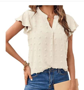 Blusa feminina verão com decote em V babado manga curta Dot Flowy Shirt Top - RC Urban WearBlusa feminina verão com decote em V babado manga curta Dot Flowy Shirt TopBlusa feminina verão com decote em V babado manga curta Dot Flowy Shirt Top