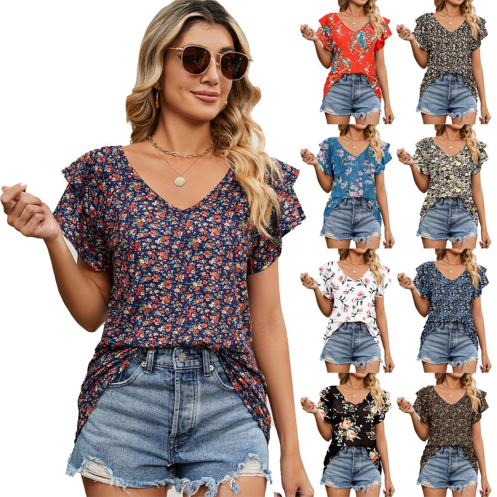 Blusas femininas casuais com decote em V com babados e manga curta - RC Urban WearBlusas femininas casuais com decote em V com babados e manga curtaBlusas femininas casuais com decote em V com babados e manga curta