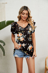 Blusas femininas casuais com decote em V com babados e manga curta - RC Urban WearBlusas femininas casuais com decote em V com babados e manga curtaBlusas femininas casuais com decote em V com babados e manga curta