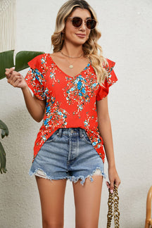 Blusas femininas casuais com decote em V com babados e manga curta - RC Urban WearBlusas femininas casuais com decote em V com babados e manga curtaBlusas femininas casuais com decote em V com babados e manga curta