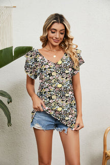 Blusas femininas casuais com decote em V com babados e manga curta - RC Urban WearBlusas femininas casuais com decote em V com babados e manga curtaBlusas femininas casuais com decote em V com babados e manga curta