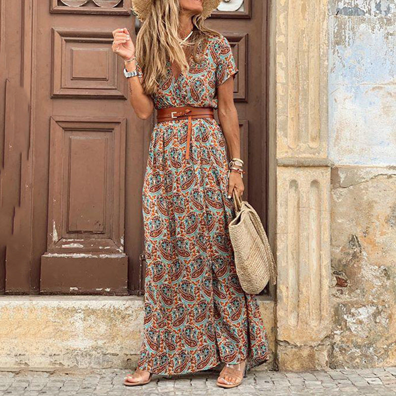 Vestido Longo Feminino com Cintura Ajustada e Estampa Boho