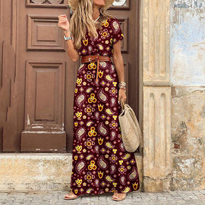 Vestido Longo Feminino com Cintura Ajustada e Estampa Boho